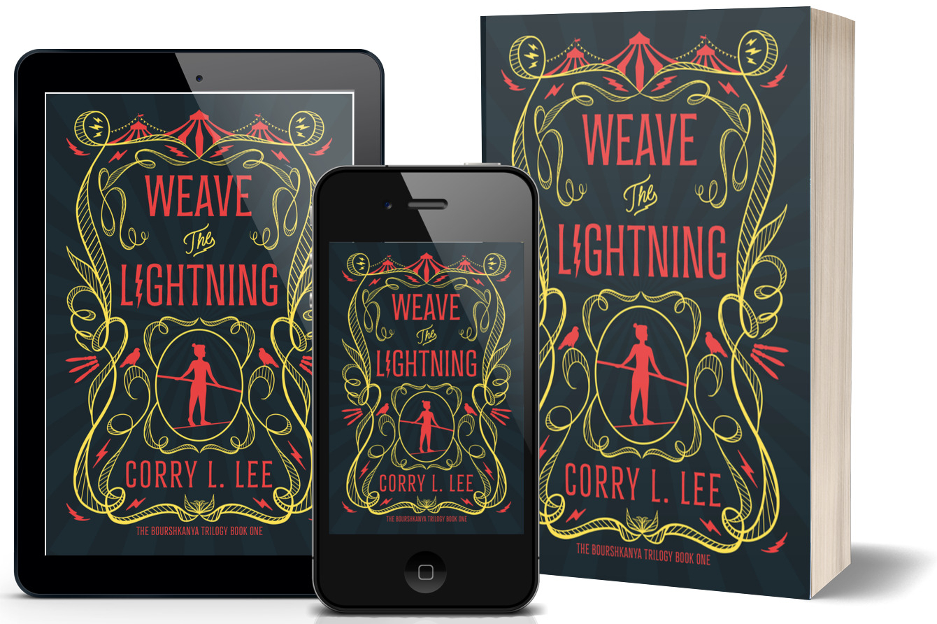 Weave the Lightning on an e-reader, phone, and paperback book. Cover shows a young woman walking a high wire, hawks, and throwing knives beneath a stylized circus tent with lightning.