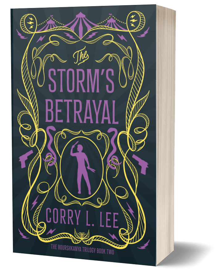 The Storm's Betrayal by Corry L. Lee.  Cover shows a knife thrower, snakes, and guns with a stylized background filigree, lightning bolts, and circus tents.